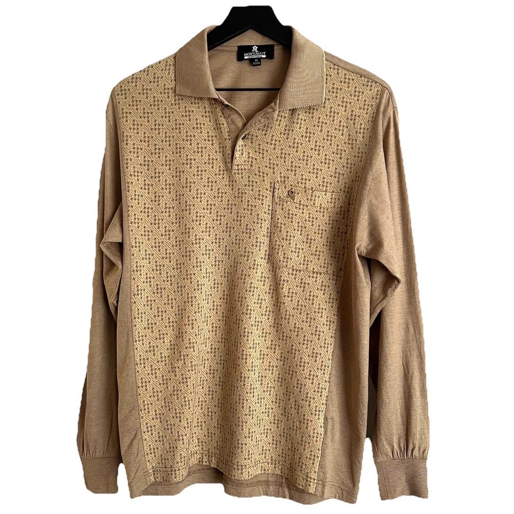 Vintage Montagut Paris Mens Long Sleeve Polo Size 48 Tan